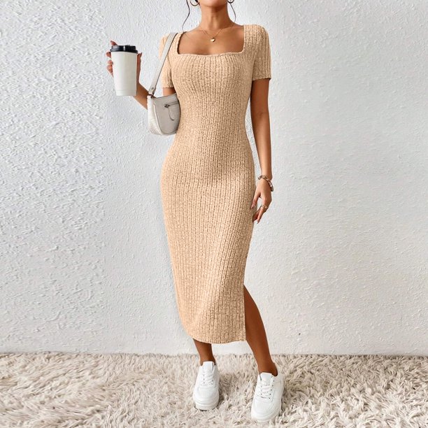 Vestido Vestido ajustado elegante para mujer, vestido informal de punto ajustado, jersey para ir al trabajo Kuymtek Beige T M para Mujer