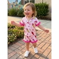 thumbnail image 4 of RUINIXCW Toddler Baby Girl Back to School Kids Pajamas Set Summer PJS Set Sleepwear Bow Pencil Printed Short Sleeve Button Down Shirt and Ruffle Shorts Set Homewear Loungewear 1-7 Years, 4 of 9