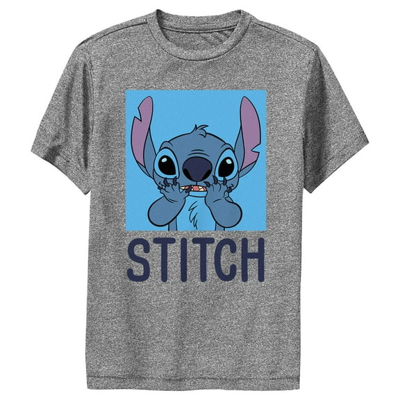 Boy's Lilo & Stitch Blue Square Portrait Stitch  Performance Graphic Tee Charcoal Heather Small