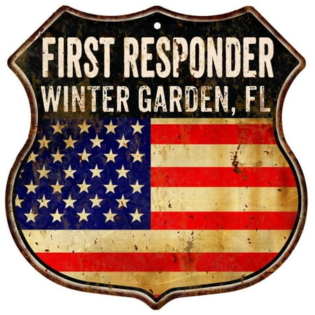 Winter Garden Fl First Responder American Flag 12x12 Metal Shield