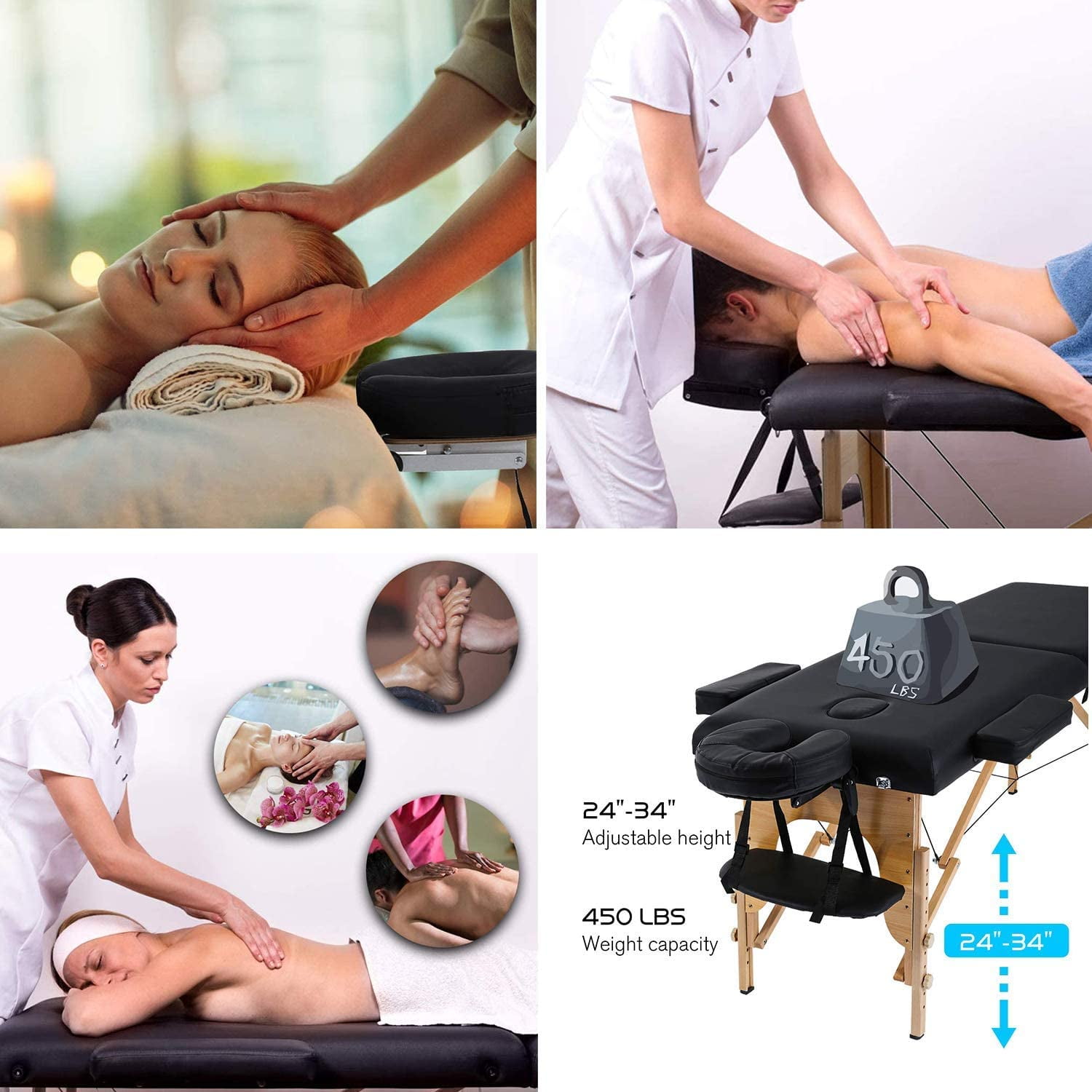 NiamVelo Professional Massage Table Portable Folding Massage Bed 73 inch 2 Fold Height Adjustable Spa Bed W/Carry Case, 450 LBS, Black