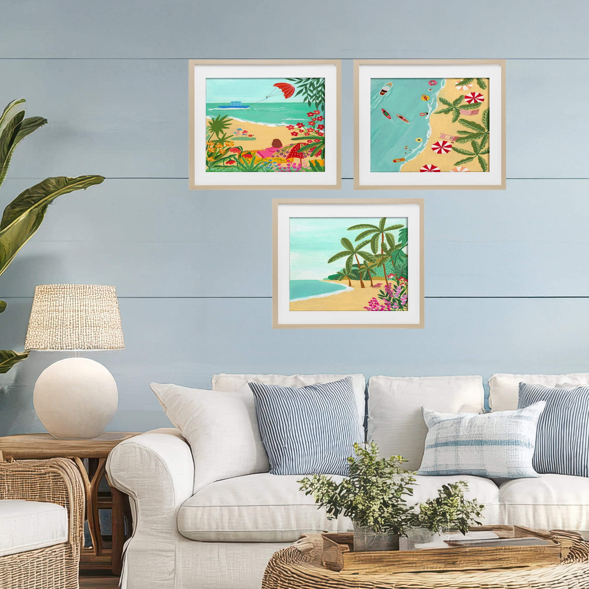 Busy Beach And Flowers 3 Piece Birch Framed Print Under Glass Set, design by Nabeela Rumi