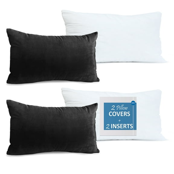 Nestl Plush 2 Pack Solid Decorative Microfiber Rectangle Throw Pillow Cover with Throw Pillow Insert for Couch, Black, 12" x 20"