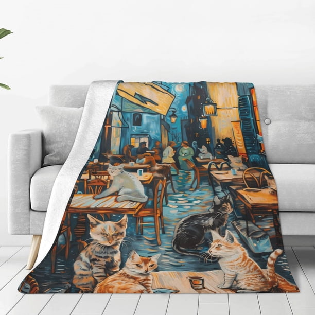 Balery Whimsical Cats Night Cafe Manta de Felpa Suave y Acogedora – Cobija de Franela Aterciopelada para Cama, Lavable y Cálida para Sofá, Mascotas, Transpirable-50"x40"