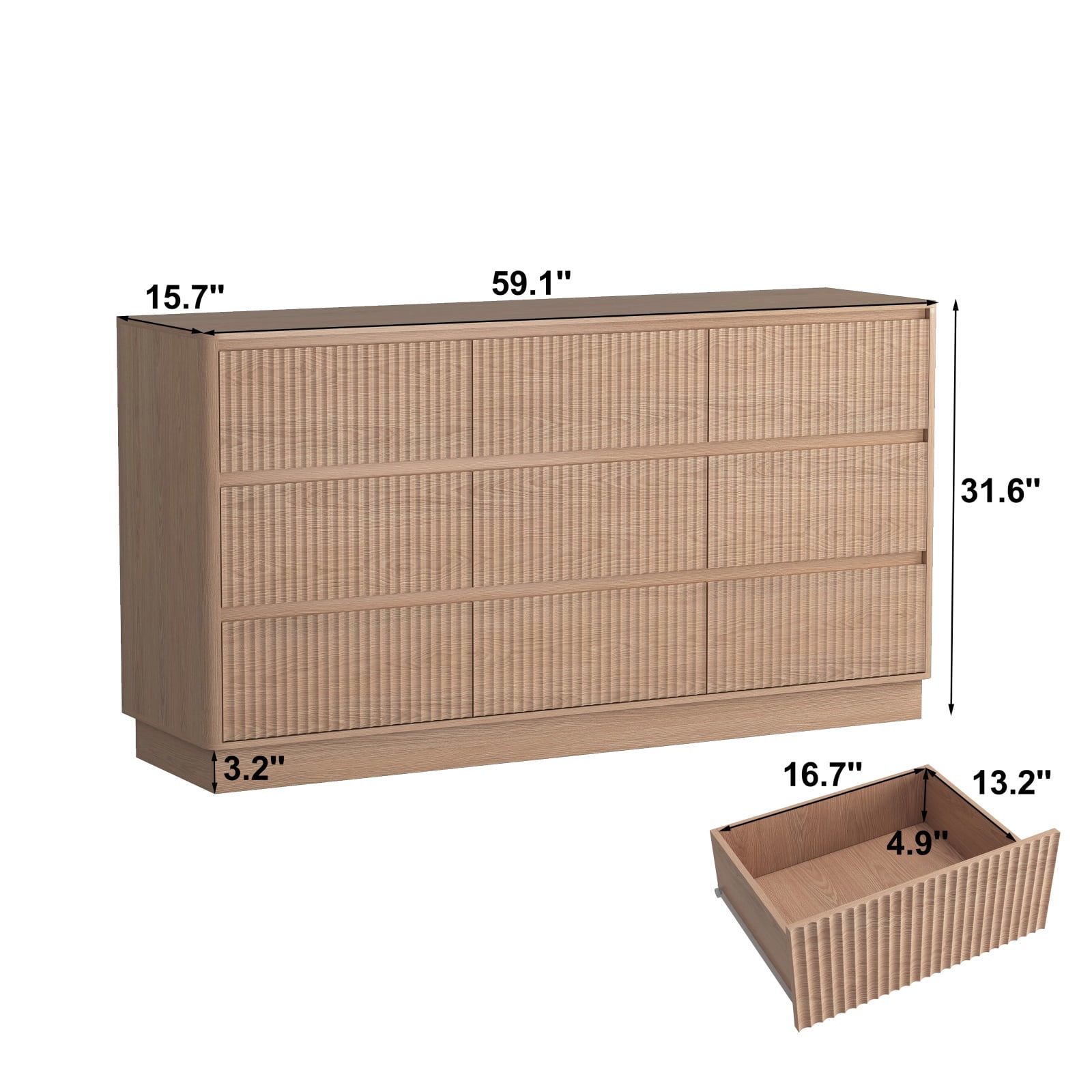 Hommoo Modern 9-Drawer Wood Dresser, Fluted Chest of Drawers, Multifunctional Storage Cabinet Credenza Side Table, Natural