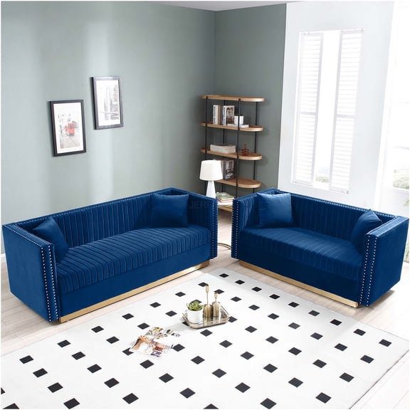 JERFIT Modern Velvet Loveseat Sofa Set with Tufted Back and Gold Metal Legs for Living Room, Apartment - Blue