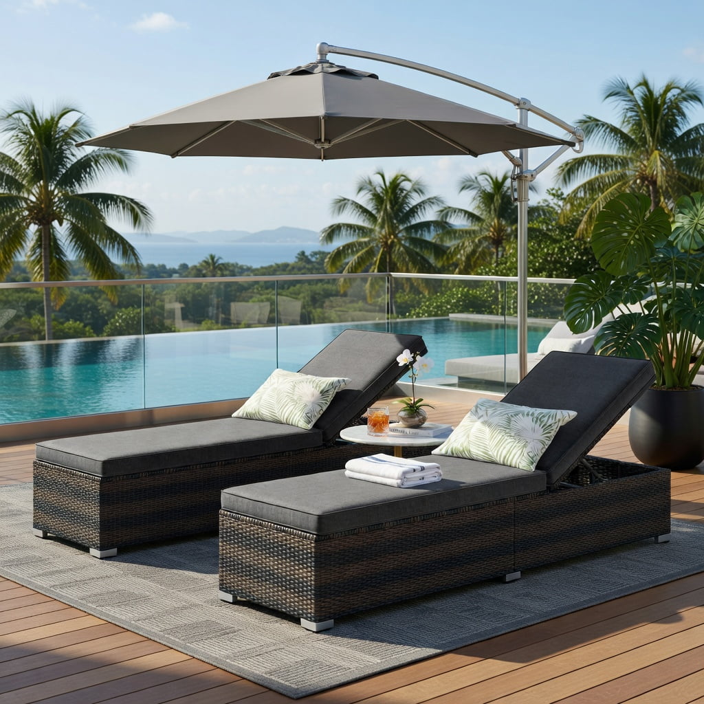 Hommoo Outdoor Wicker Lounge Chair with Adjustable 4-Position Backrest, Extra-Long Gray Cushion & Heavy-Duty Steel Frame, PE Rattan Patio Seating, Brown