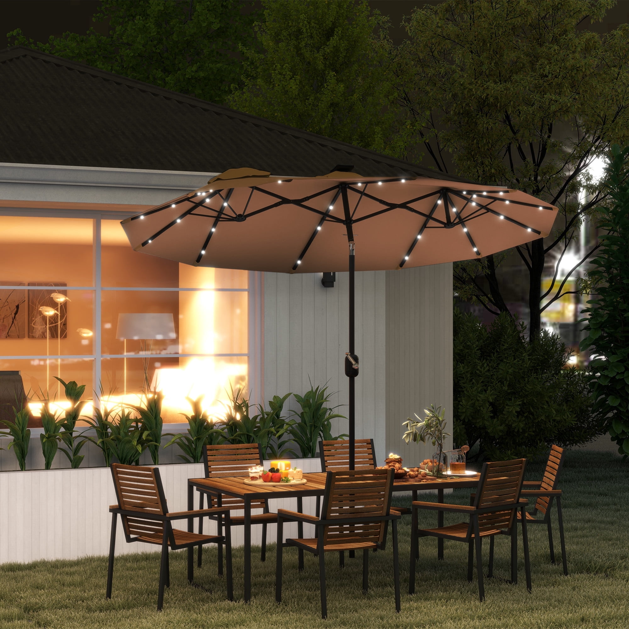 Outsunny 9.7 ft. Double-sided Patio Umbrella with LED Solar Light, 45-Degree Tilt and Crank, Outdoor Umbrella, Coffee