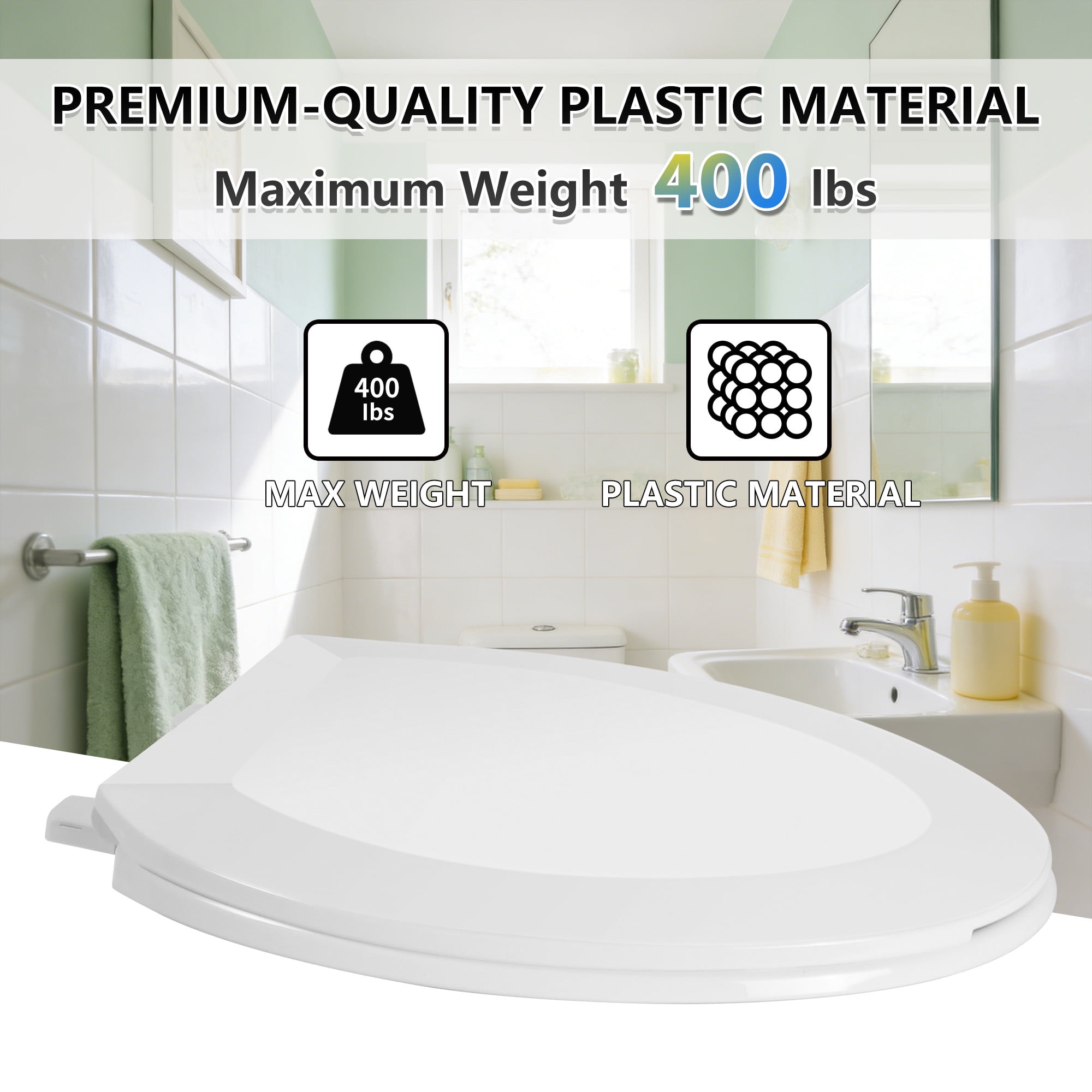 Angol Shiold Elongated Toilet Seat - Slow Close Hinges, Ergonomic Design with Grip-Tight Bumpers, Safe Easy-Clean PP Material , Fit 18.5" Elongated toilet seat, White
