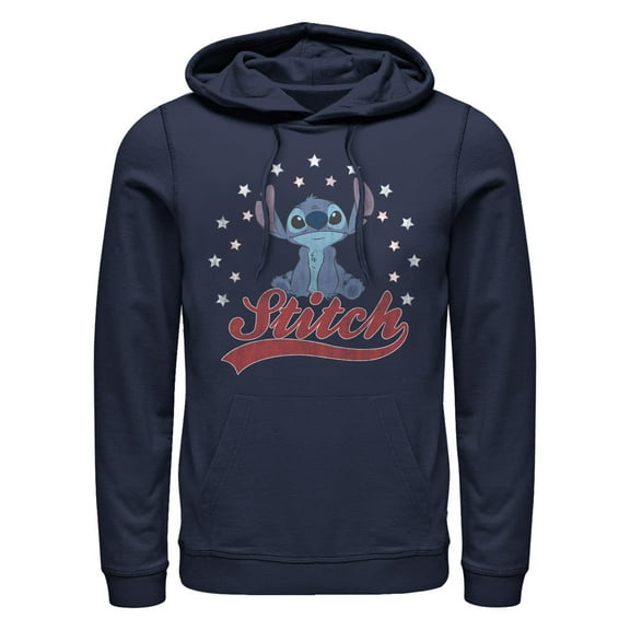 Men's Lilo & Stitch Red, White, and Blue Stars Pull Over Hoodie Navy Blue X Large