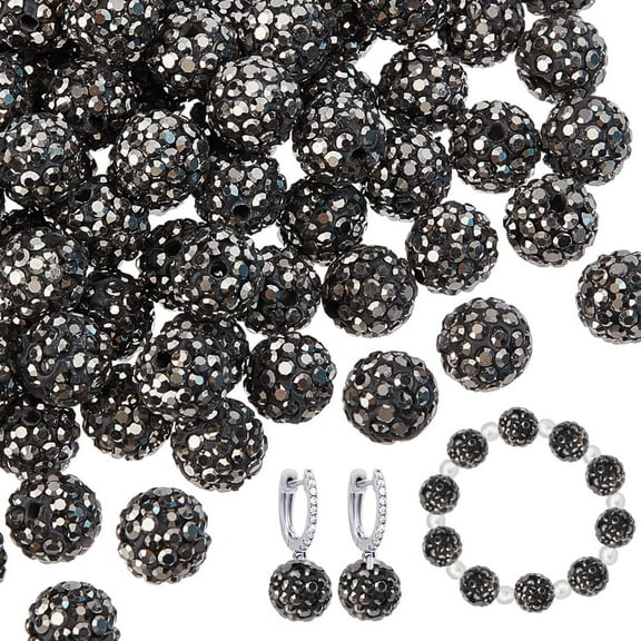 100pcs 10mm Black Rhinestone Hematite Clay Beads - Polymer Crystal Pave Disco Ball Round Diamond for Necklace Bracelet Jewelry Making Party Decoration