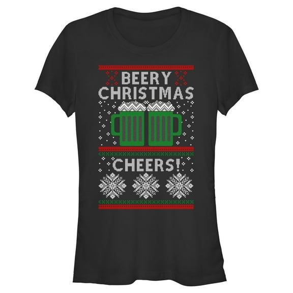 Junior's Lost Gods Ugly Sweater Christmas Cheers Graphic Tee Black 2X Large