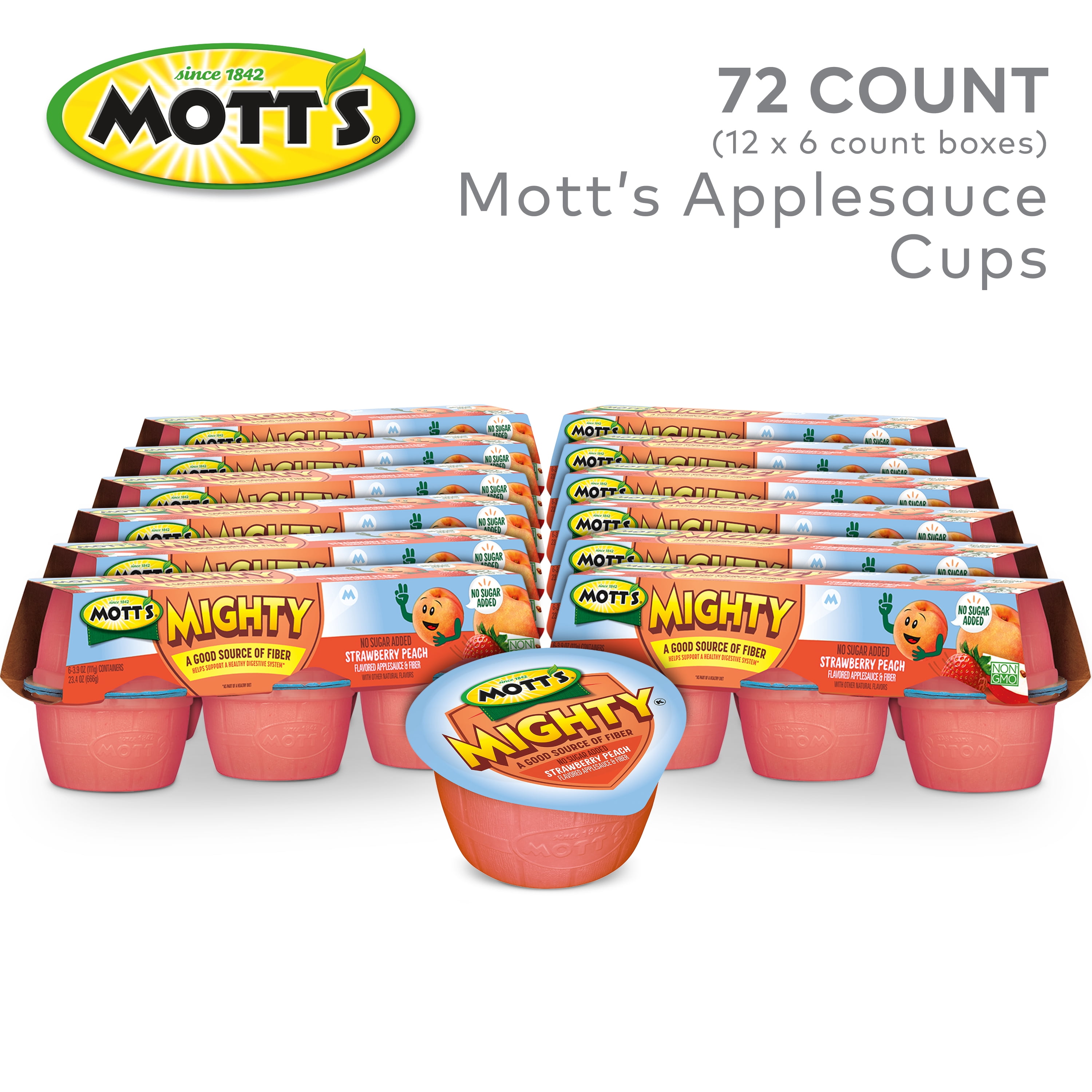 Mott's Mighty Strawberry Peach Applesauce, 3.9 oz, 72 Count Cups (12 Packs of 6)