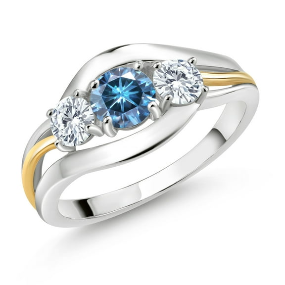 Gem Stone King 925 Sterling Silver and 10K Yellow Gold Round Persian Blue Moissanite and White Moissanite 3 Stone Ring for Women (0.96 Cttw, Size 7)
