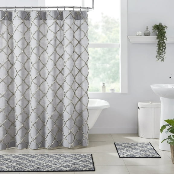 VHC Brands Frayed Lattice Shower Curtain, Creme & Black, 72x73