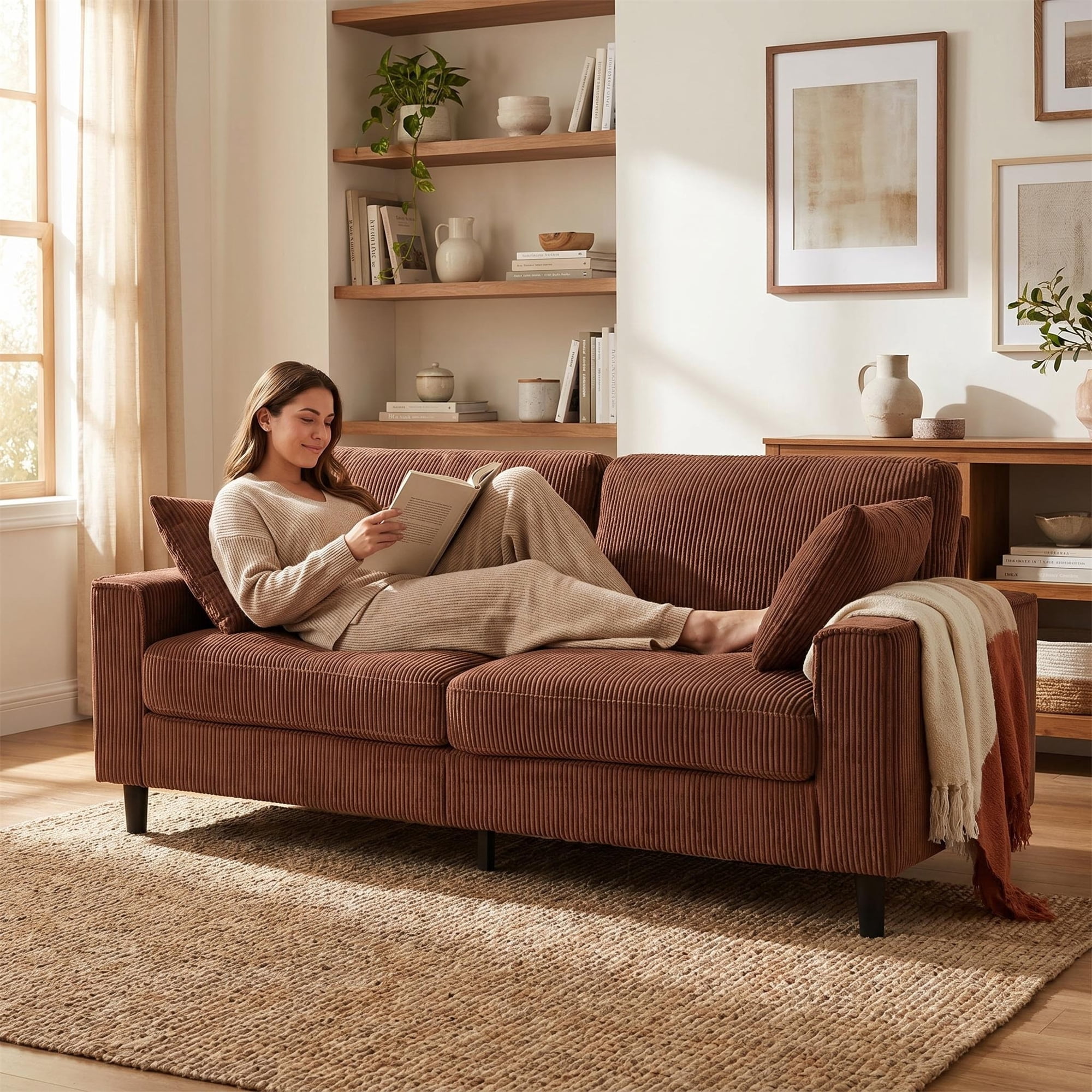 Aukfa 82" Square Arm Sofa 3 Seat Deep Seat Upholstered Couch for Living Room Bedroom, 2 Pillows, Corduroy, Coffee
