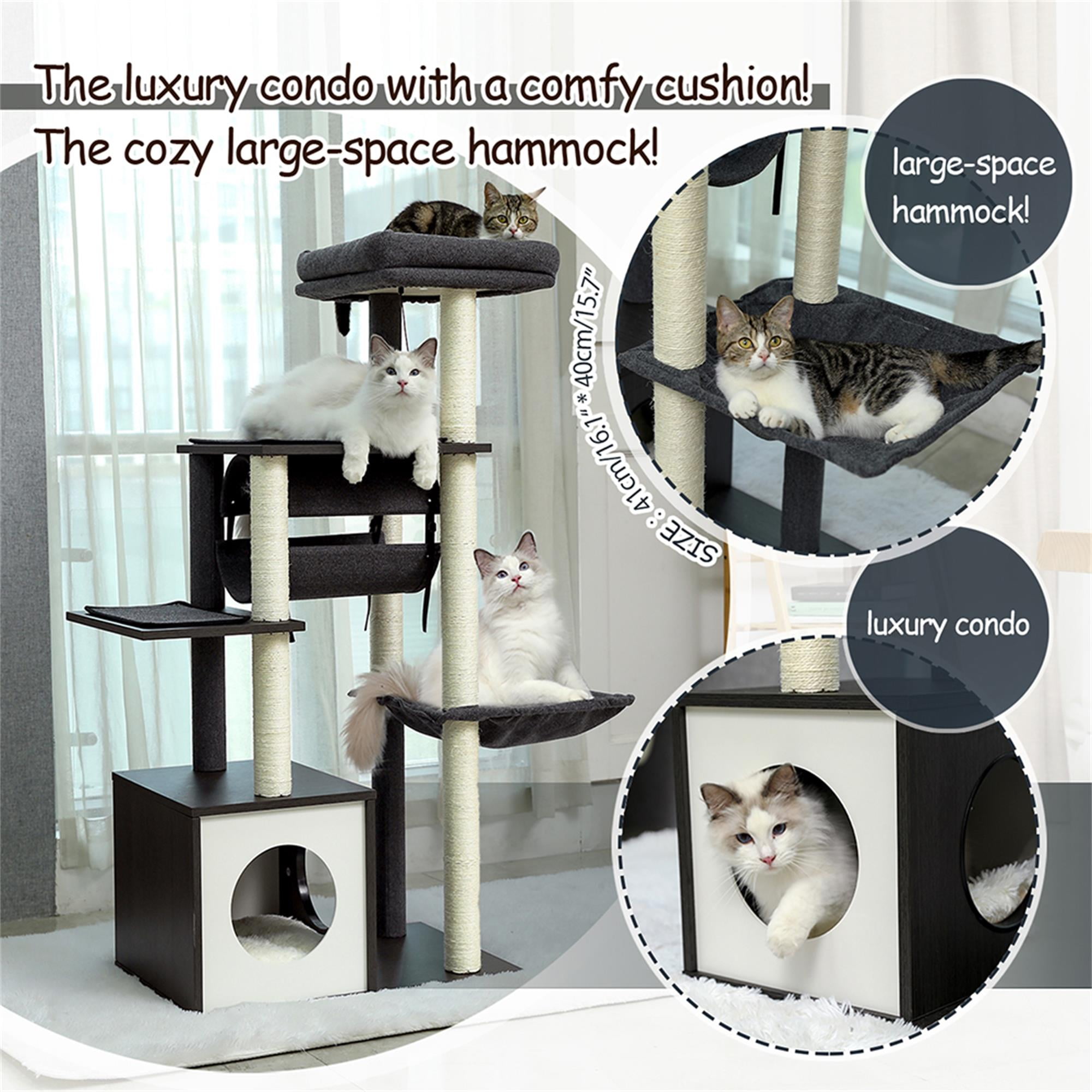 resenkos 51.4" 6 Levels Cat Tree Wooden Cat Tower Cozy Cat Condo, Spacious Perch, Hammock and Swing Tunnel for Indoor Cats, Gray
