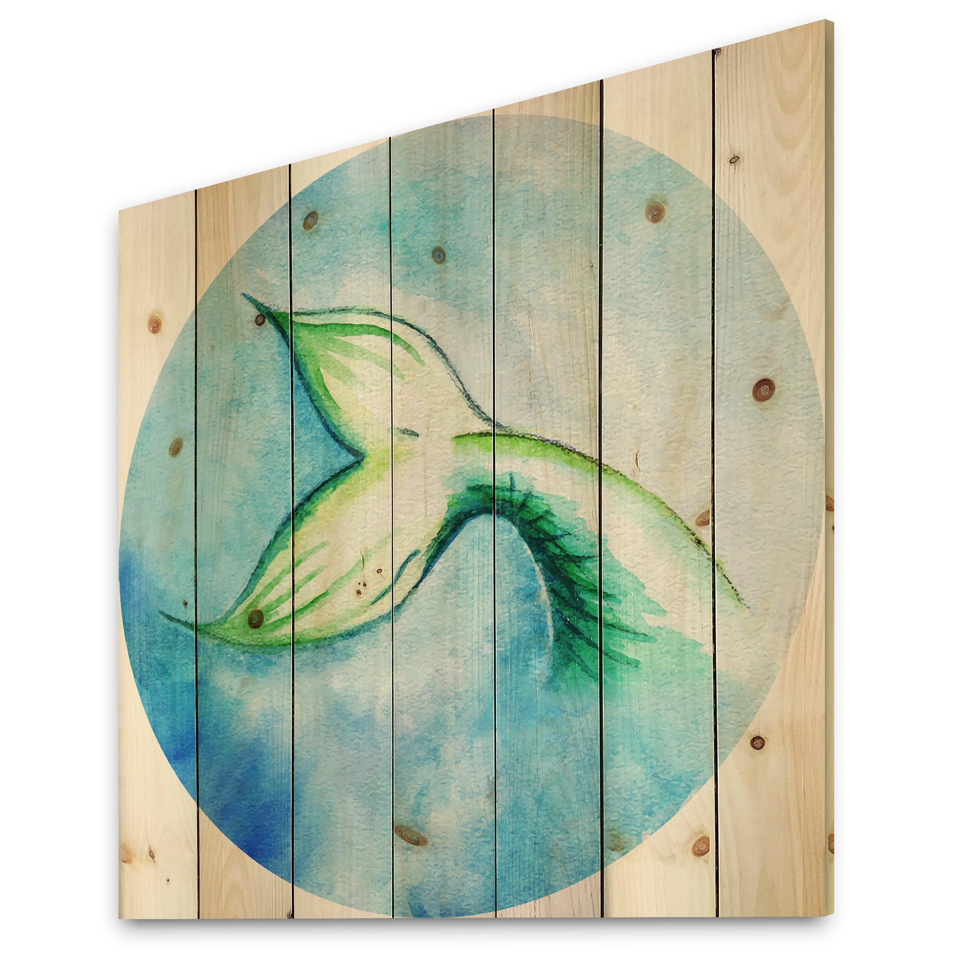 Designart 'Mermaid Green Fish Tail' Nautical & Coastal Print on Natural Pine Wood