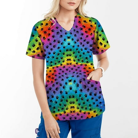 

Funicet Summer Savings Clearance! Women s Working Uniform Nursing Uniform With Two Pockets Scrubs Top Womens Top Floral Printed Gradient Rainbow Short Sleeve V-neck Tee