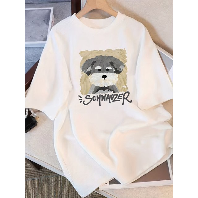 Women'S Cute Schnauzer Graphic T-Shirt - 100% Casual Summer Tee, Short Sleeve, Loose Fit, White with Black & Golden Print, Perfect for Pet Lovers