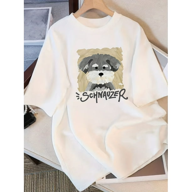 Women'S Cute Schnauzer Graphic T-Shirt - 100% Casual Summer Tee, Short Sleeve, Loose Fit, White with Black & Golden Print, Perfect for Pet Lovers
