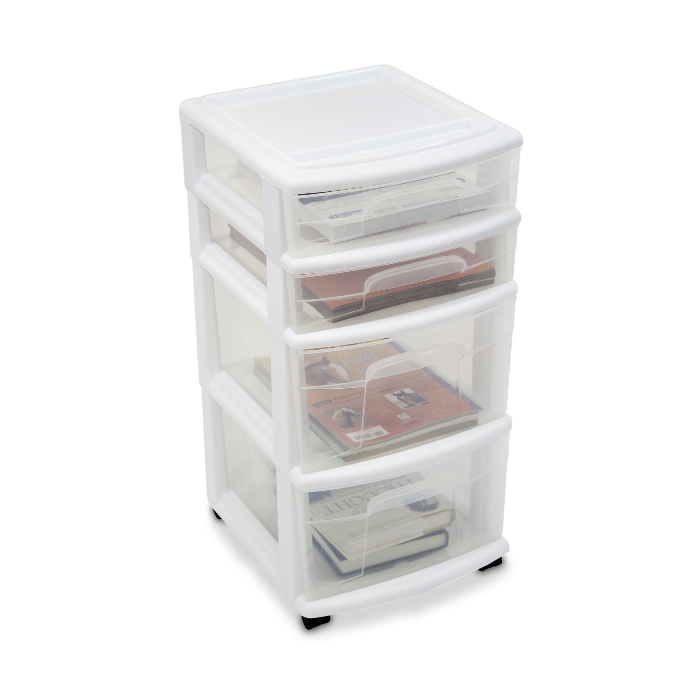 Homz Clear Plastic 4 Drawer Medium Home Organization Storage Container  Tower w/2 Large and 2 Small Drawers, and Removeable Caster Wheels, White  Frame