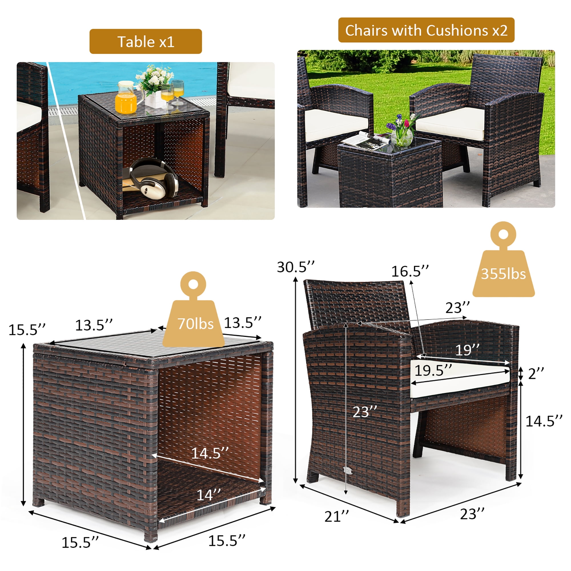 Costway 3PCS Patio Rattan Wicker Furniture Cushion Sofa Coffee Table White