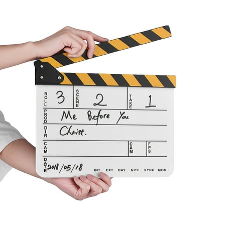 Image of Dry Erase Acrylic Director Film Clapboard Movie TV Cut Action Scene Clapper Board Slate with YellowBlack Stick White