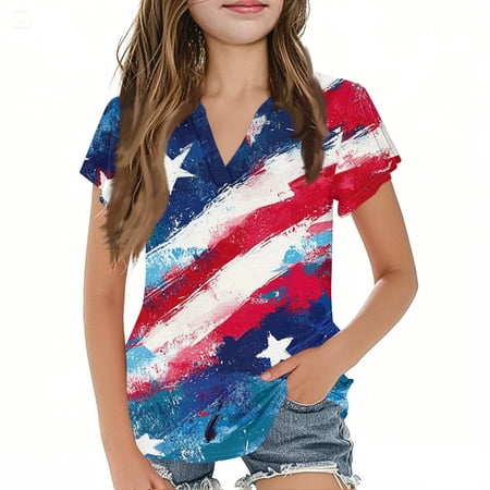 WTOBBY Summer Girls V-Neck Independence Day Casual Fashion Top with Short Sleeve - Children s Shirt for July 4th Celebrations Blue 150