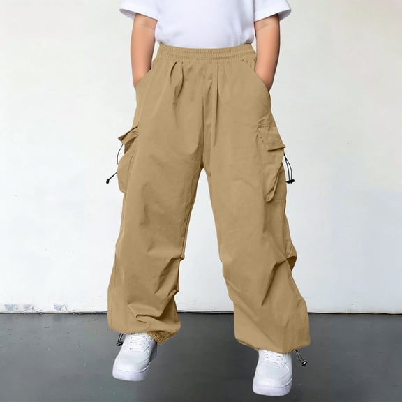 OOOUM Kids Cargo Pants Elastic Waist Solid Color Wide Leg Pants With Pocket Loose Fit Casual Straight Leg Jeans For Hiking Running Khaki 14-15 Years