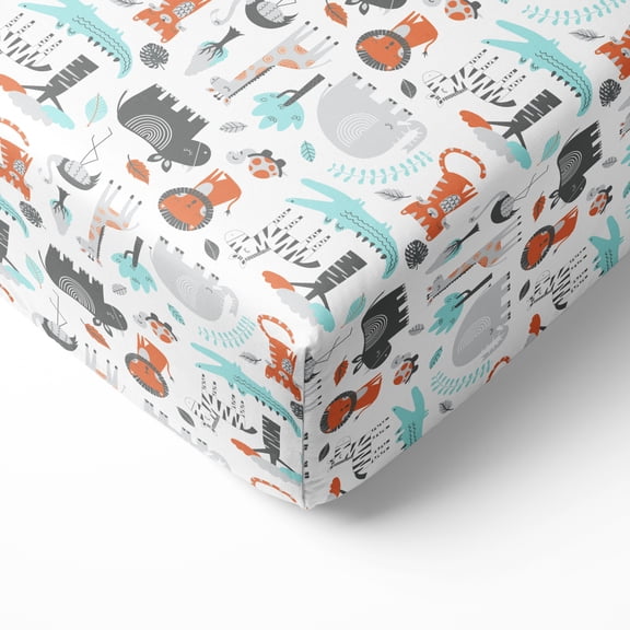 Crib or Toddler Bed Fitted Sheet 100% Cotton Percale, Safari Jungle Aqua/Orange/Grey