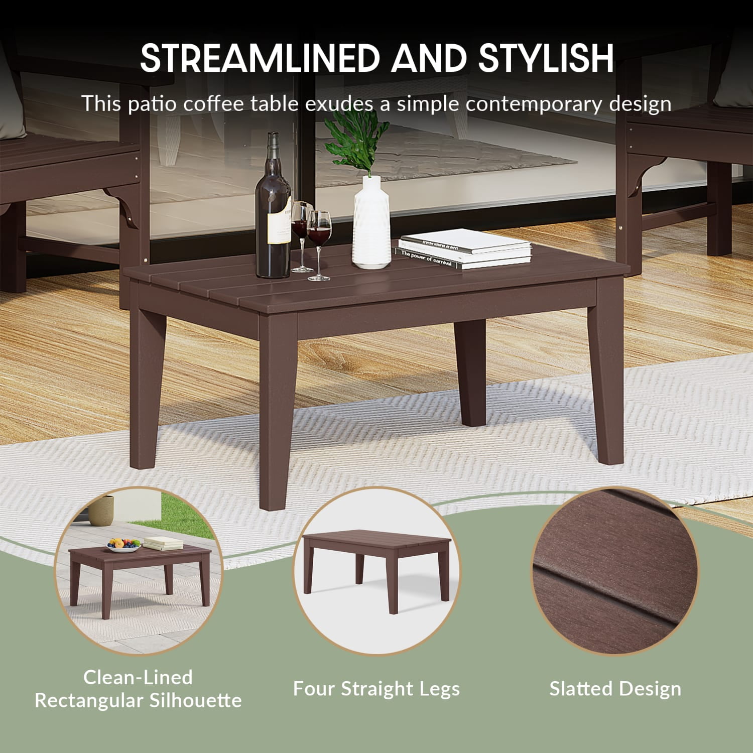 WestinTrends Malibu Low Outdoor HDPE Patio Rectangle Coffee Table, Dark Brown