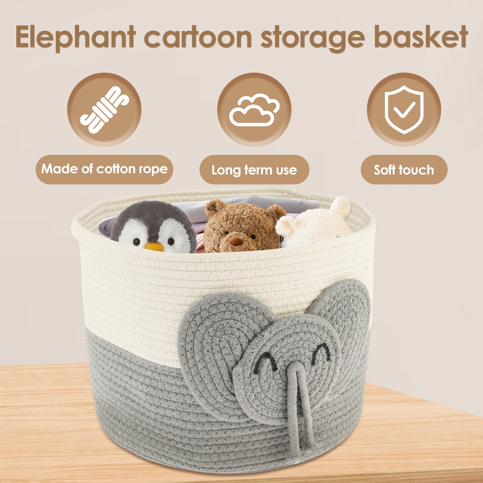 AEVXKHI Cute Laundry Basket Hamper, Versatile Toy Storage Basket, Elephants Cotton Rope Basket, Safe Cotton Rope Basket Soft Toy Storage Woven Baskets
