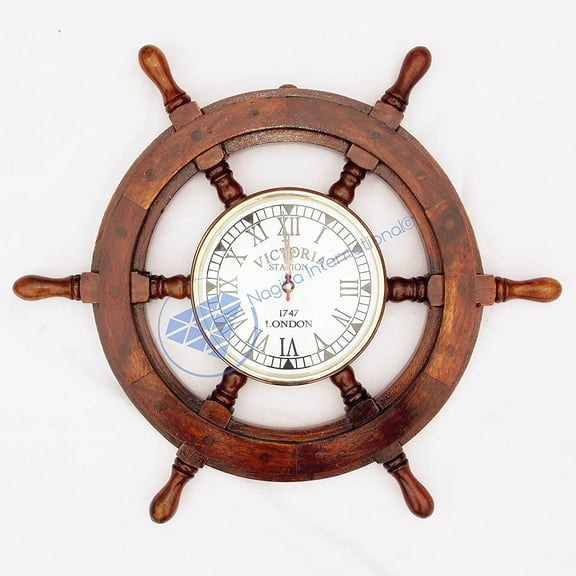 Nagina International 18" Nautical Ship Wheel with 6" Clock - Pirate Home Decor