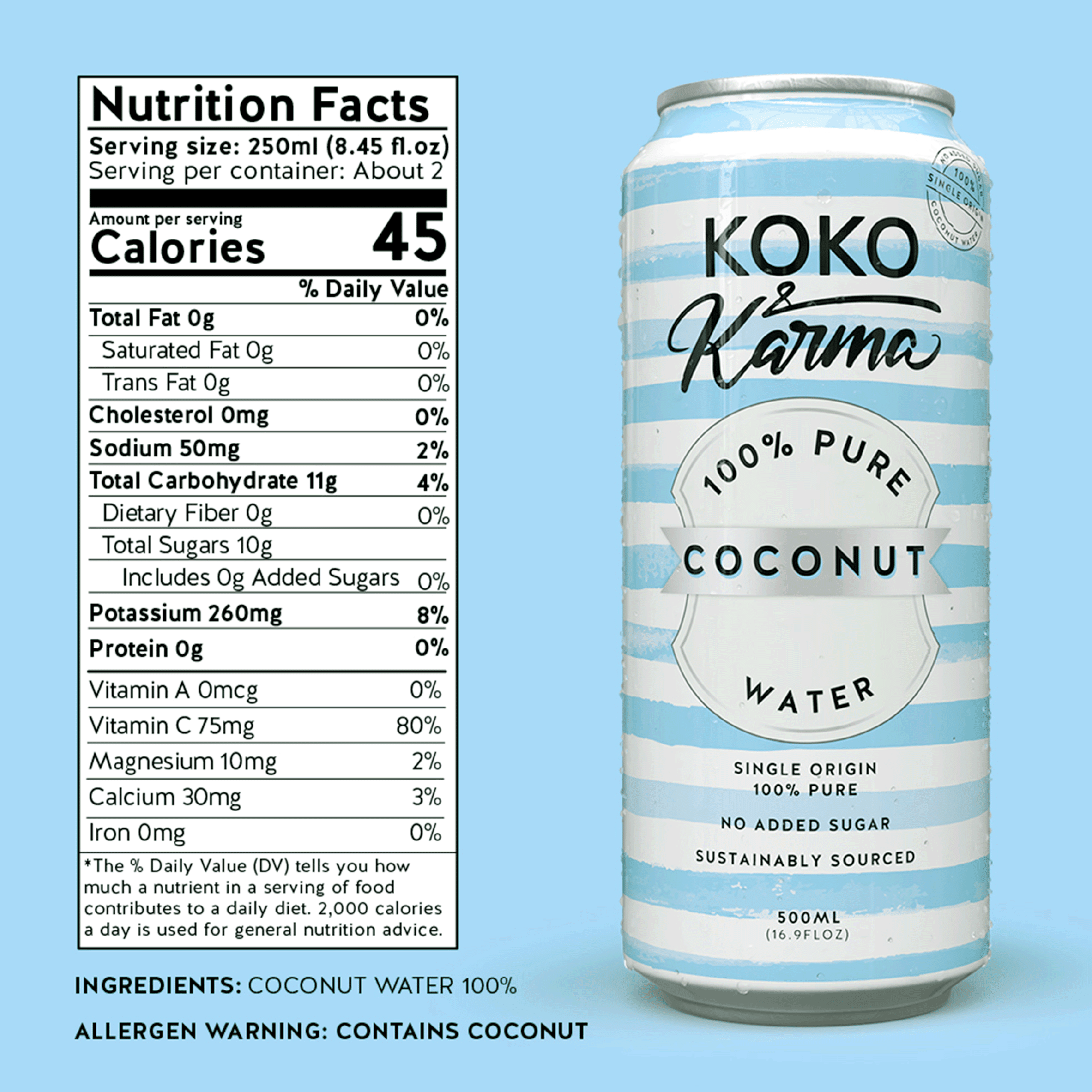 (12 pack) Koko & Karma 100% Pure Coconut Water, No Added Sugar, 16.9 fl oz Can
