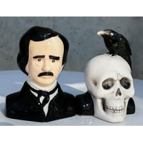 Ceramic Edgar Allen Poe And Nevermore Raven On Skull Salt And Pepper Shakers Set