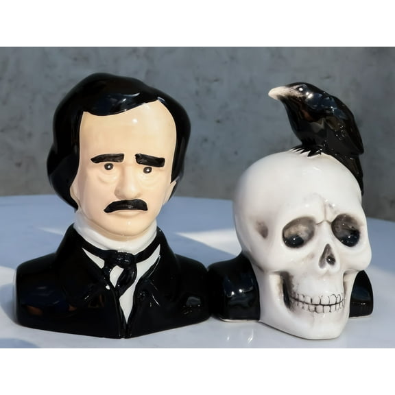 Ceramic Edgar Allen Poe And Nevermore Raven On Skull Salt And Pepper Shakers Set