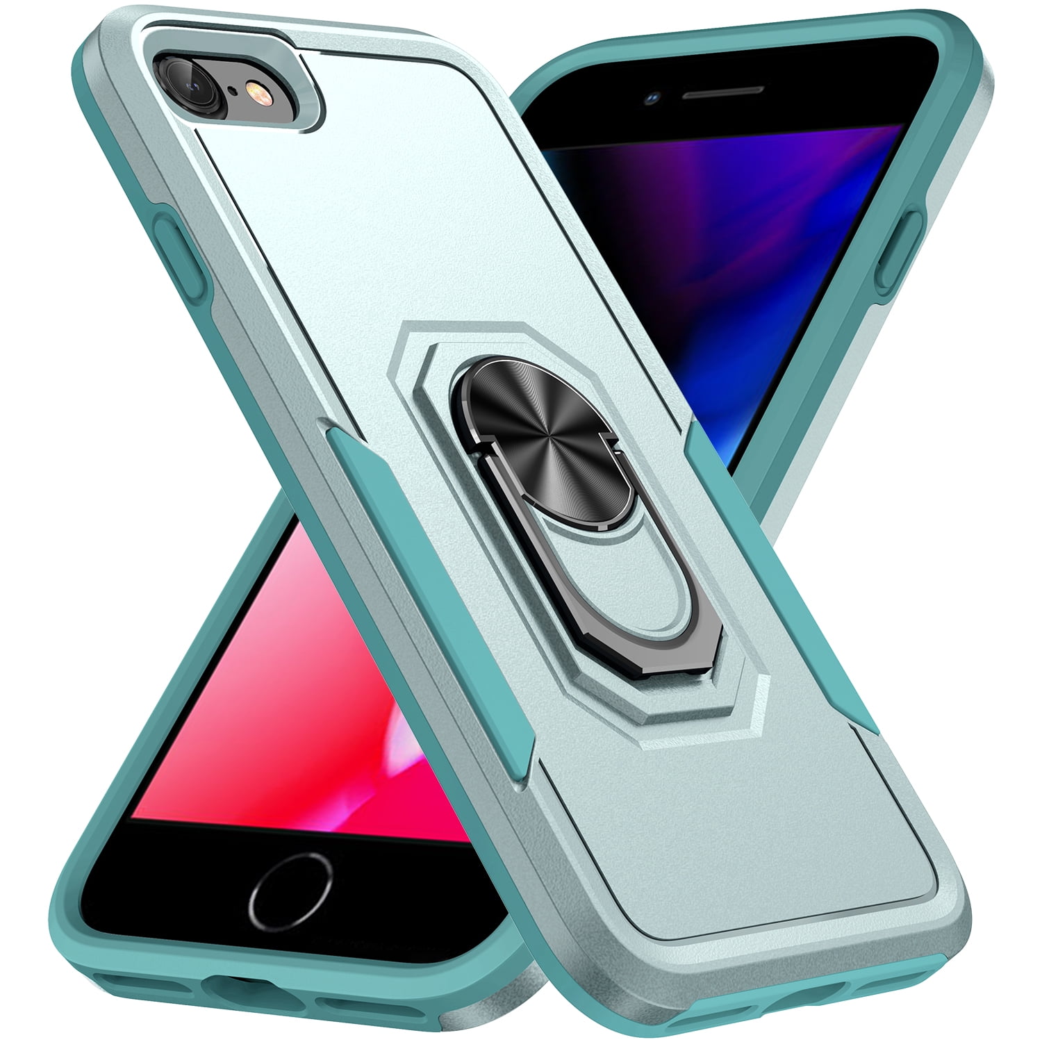 iPhone SE 2022 Case/iPhone SE 2020 Case/iPhone 8 Case/iPhone 7 Case with Ring Stand, Dteck Heavy Duty Full Body Shockproof Case Support Car Mount Hybrid Bumper Silicone Hard Back Cover,Mint