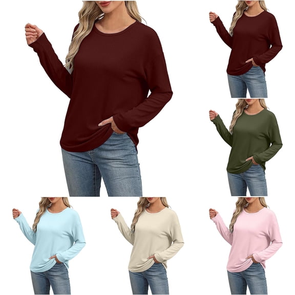 HVOBTTY Womens Long Sleeve Pullover T Shirt, Fall Tops for Women, Women's Casual Solid Color Crew Neck Lightweight Sport T Shirt Wine, L