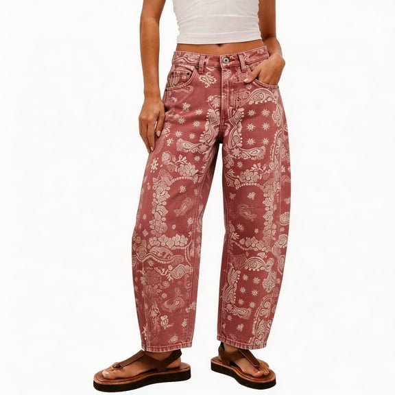 Mutghys Wide Leg Jeans for Women Paisley Print Button Zipper Denim Jeans with Pockets Vacation Traveling Daily Loose Comfy Boho Jeans
