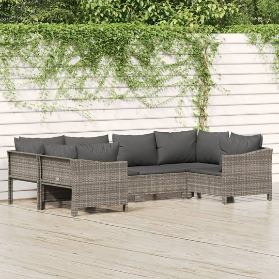 vidaXL 6 Piece Patio Lounge Set with Cushions Gray Poly Rattan
