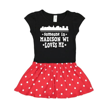 

Inktastic Madison Wisconsin Someone Loves Me Skyline Gift Toddler Girl Dress