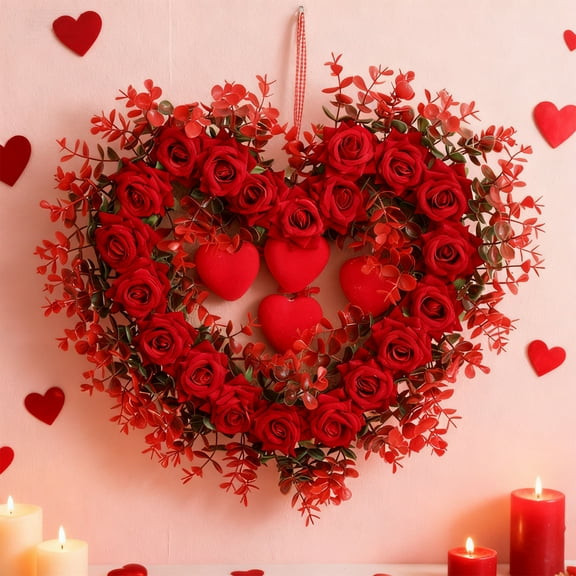 Valentine’s Day Red Rose Heart-Shaped Wreath - Romantic Door Hanging Decoration for Home, Porch & Entryway, Handmade Flower Wreath to Celebrate Love & Elevate Festive Atmosphere, 17.7*15.7in, Red
