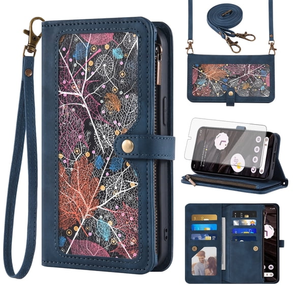 Asuwish Phone Case for Google Pixel 7A 5G 2023 Wallet Cover With Tempered Glass Screen Protector Crossbody Wrist Strap Flip Pattern Zipper Credit Card Holder Stand Slot Cell Pixel7A A7 Women Men Blue