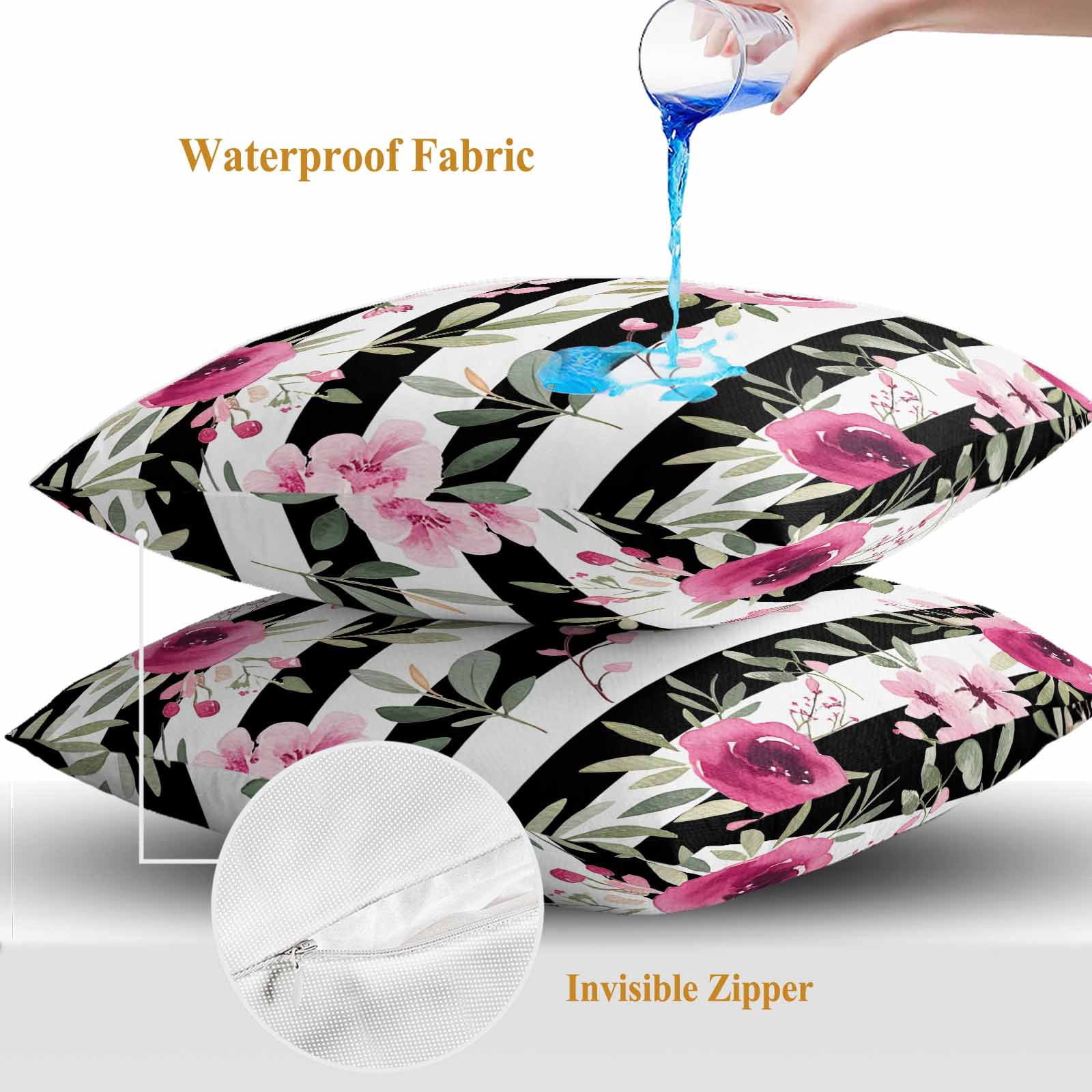 Outdoor Waterproof Throw Pillow Covers Set of 2 Pink Flowers Decorative Pillowcases Square Outdoor Pillows Cushion Case 18x18 Inch Floral Leaves Black Stripes Patio Pillows for Couch Sofa Bed Garden