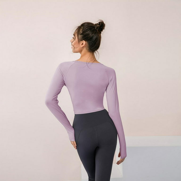 Women's Yoga Gym Crop Top Compression Workout Athletic Long Sleeve Shirt  With Chest Pad,Tummy Cross Tights Casual Workout Shirt (Light Purple M)