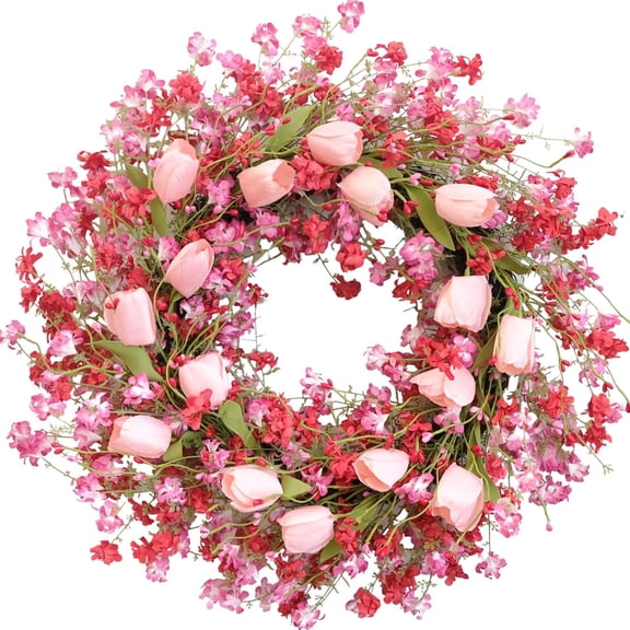 JEWLALO 22" Valentine's Day Pink Tulip Wreath, Pink Red Forsythia Berries, Artificial Flower Wreath for Front Door, Indoor Outdoor, Anniversary Wedding Decor