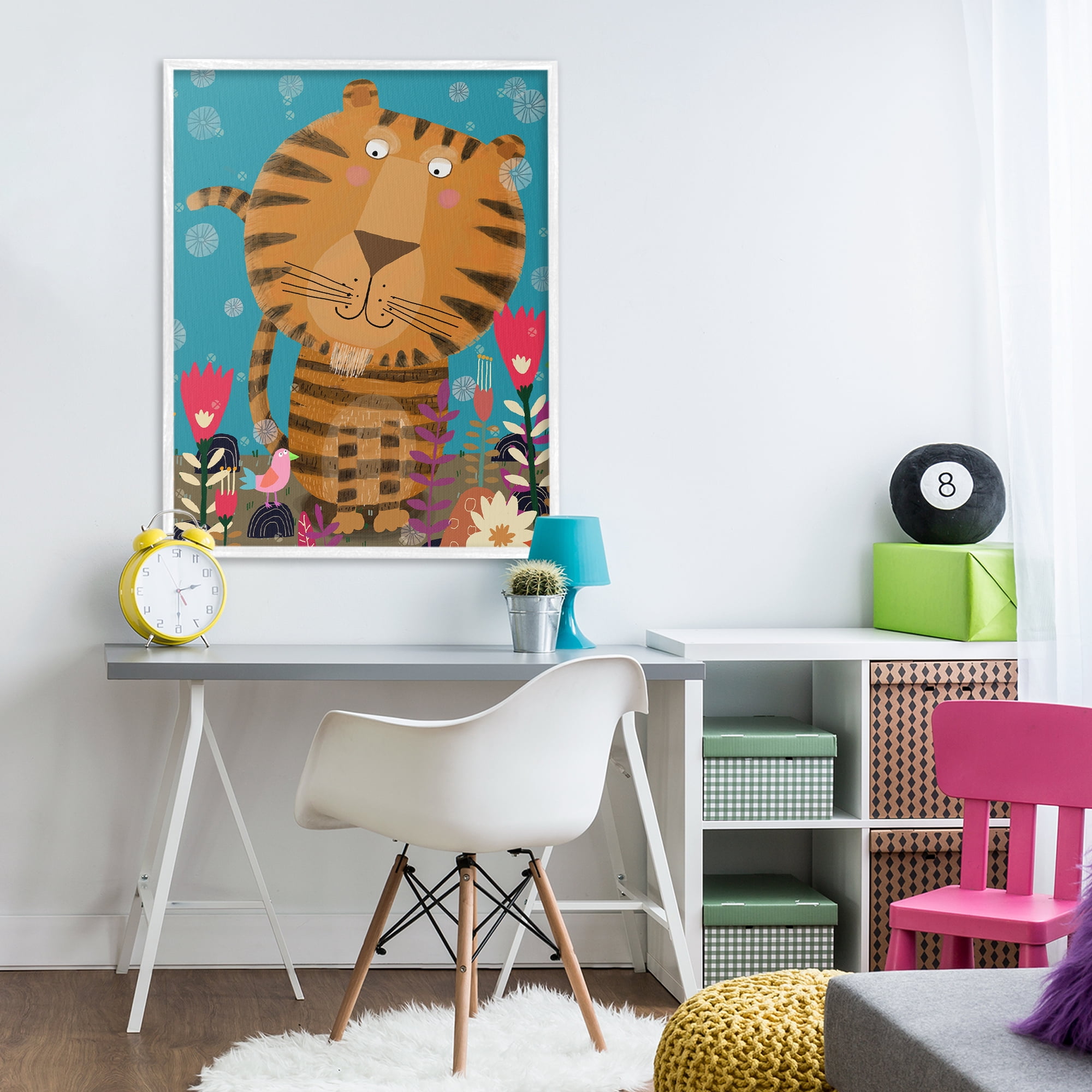 Stupell Industries Boho Tiger & Flowers White Framed Giclee Art, design by Carla Daly