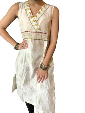 Mogul Women Tunic Dress Beige Golden Block Print Cotton gorgeous Luxe Style Summer Bohemian Sleeveless Kurti S