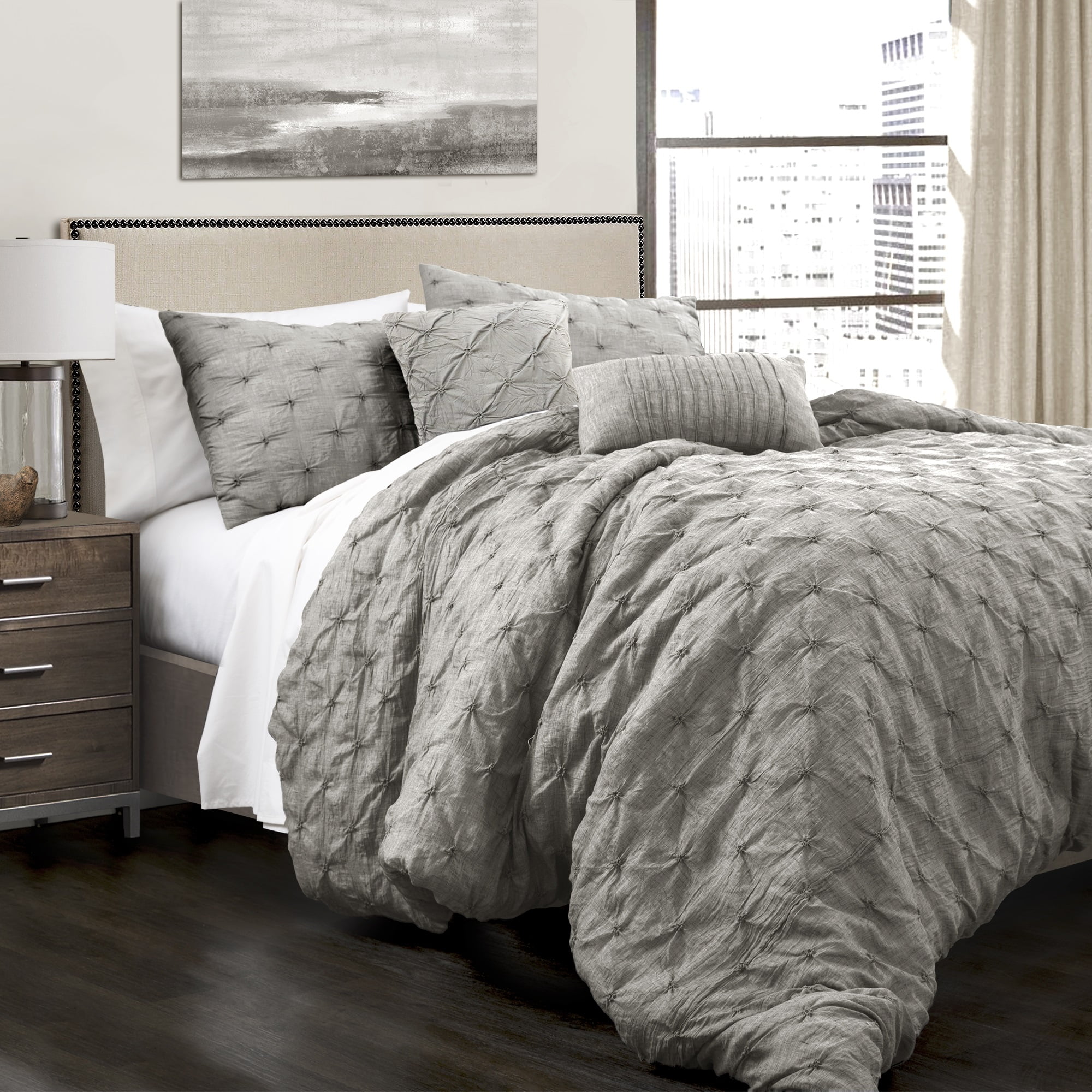 King Pintuck Comforter Set with Pillow Shams White 5 Piece Bedroom Bedding Set 